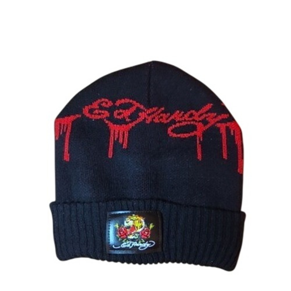 Ed Hardy Black Beanie Hat Red Drip Script Tiger Rose Patch Y2K
